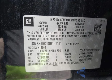 2016 Chevrolet Suburban Ltz z USA, uszkodzony, nr VIN 1GNSKJKC1GR191151